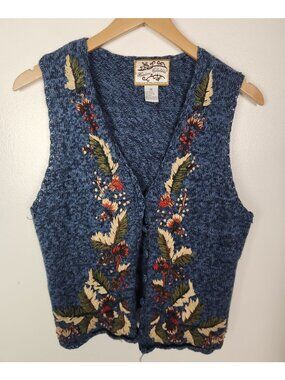 Vtg. Heirloom Collectibles Women's Sz. M Blue Floral Button Front Sweater Vest